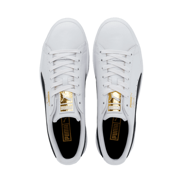 PUMA Clyde Core Foil Sneakers in White/Black/Team Gold Angle 2