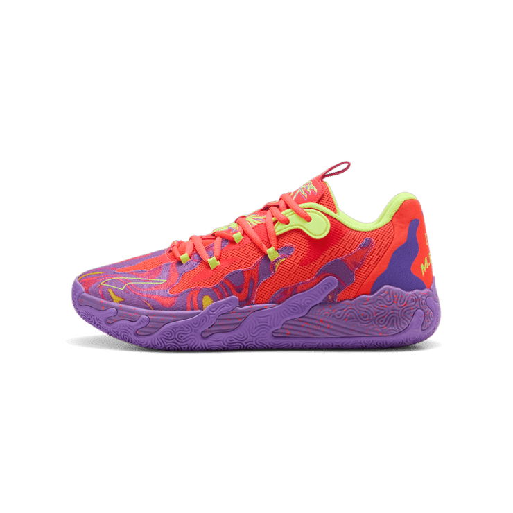 PUMA x LAMELO BALL MB.03 Lo Lava Basketball in Purple Glimmer/Red Blast (GS) Angle 1