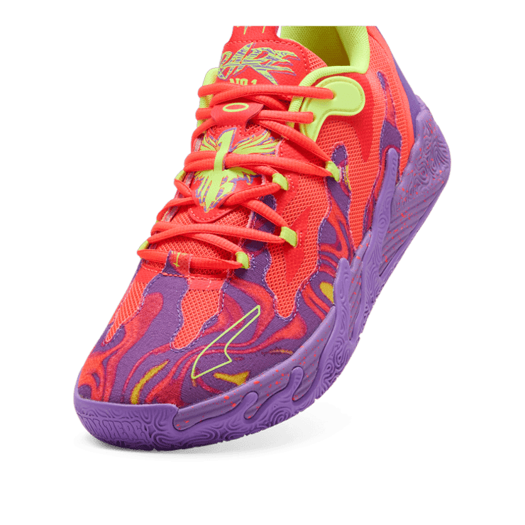 PUMA x LAMELO BALL MB.03 Lo Lava Basketball in Purple Glimmer/Red Blast (GS) Angle 2