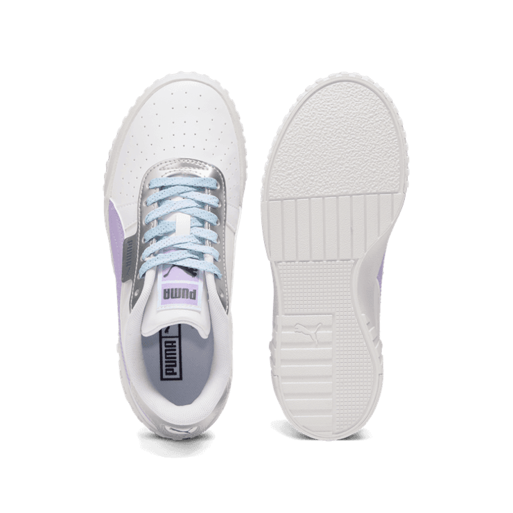 PUMA Cali Frozen Over Sneakers in White/Vivid Violet/Silver (GS) Angle 0