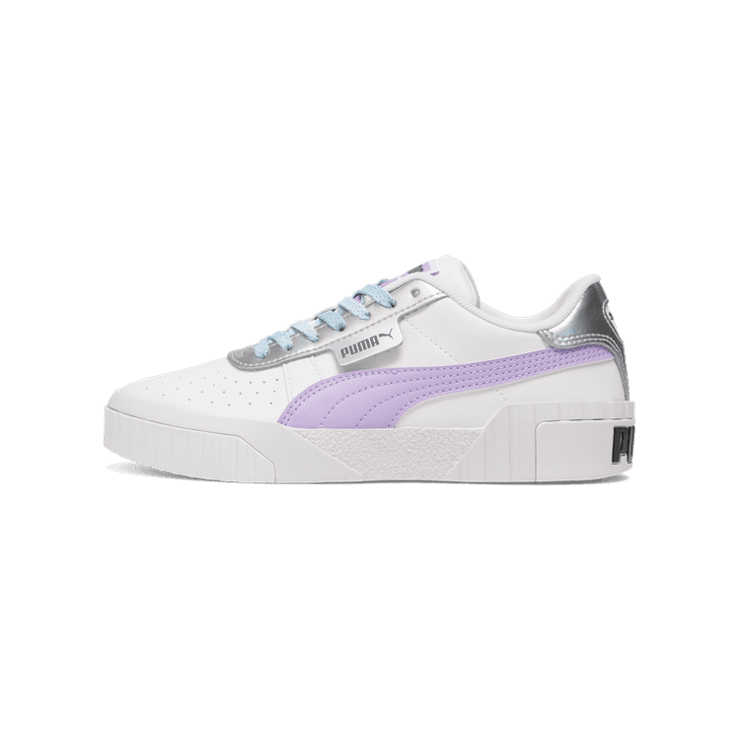 PUMA Cali Frozen Over Sneakers in White/Vivid Violet/Silver (GS) Angle 1