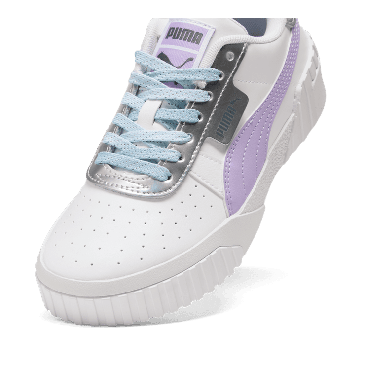 PUMA Cali Frozen Over Sneakers in White/Vivid Violet/Silver (GS) Angle 2