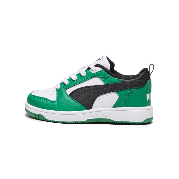 PUMA Rebound V6 Lo Sneakers in White/Black/Archive Green (PS) Angle 1