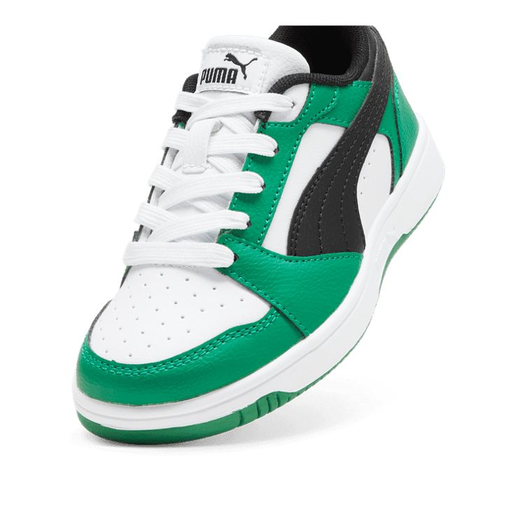 PUMA Rebound V6 Lo Sneakers in White/Black/Archive Green (PS) Angle 2