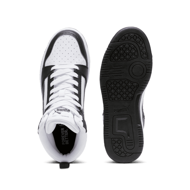 PUMA Rebound V6 Mid Sneakers in White/Black/Shadow Grey (GS) Angle 0