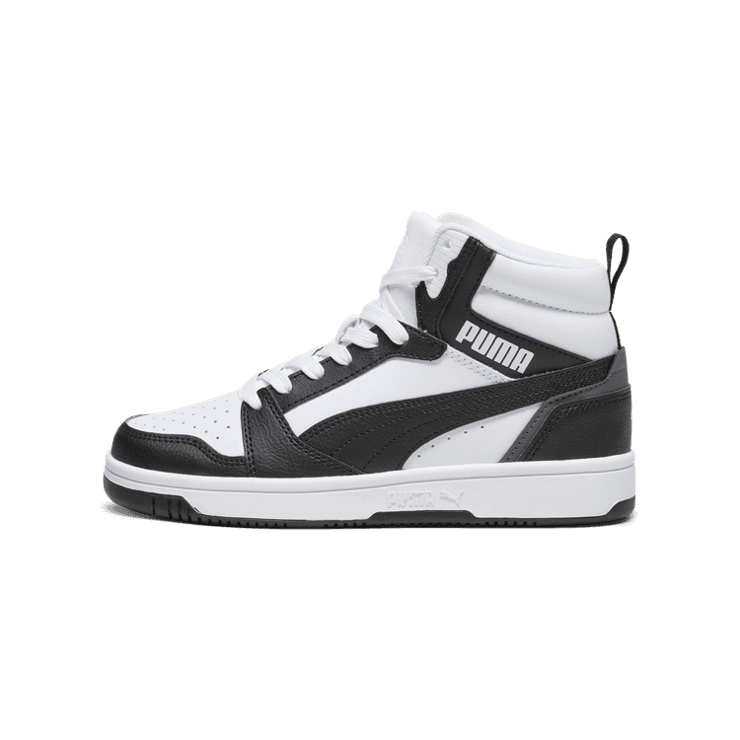 PUMA Rebound V6 Mid Sneakers in White/Black/Shadow Grey (GS) Angle 1