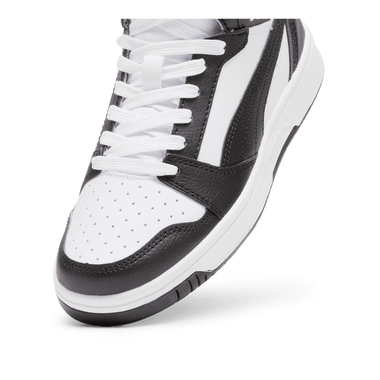 PUMA Rebound V6 Mid Sneakers in White/Black/Shadow Grey (GS) Angle 2