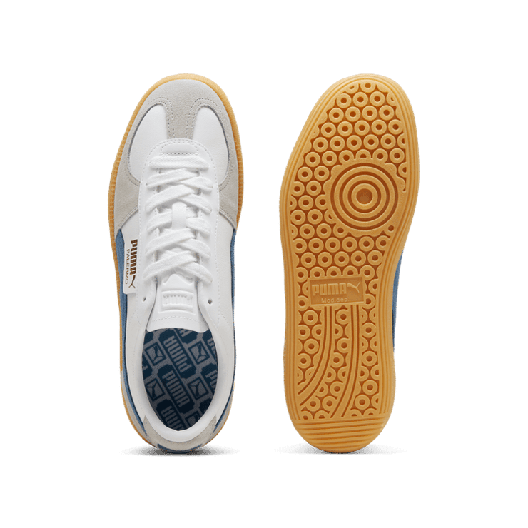 PUMA Palermo Leather Sneakers in White/Blue Horizon/Gum Angle 0