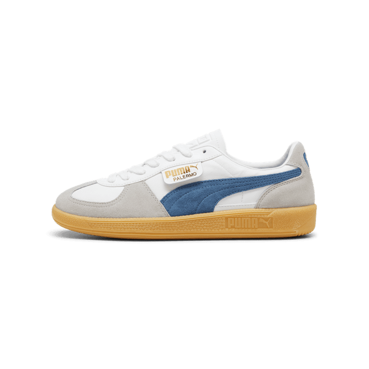 PUMA Palermo Leather Sneakers in White/Blue Horizon/Gum Angle 1
