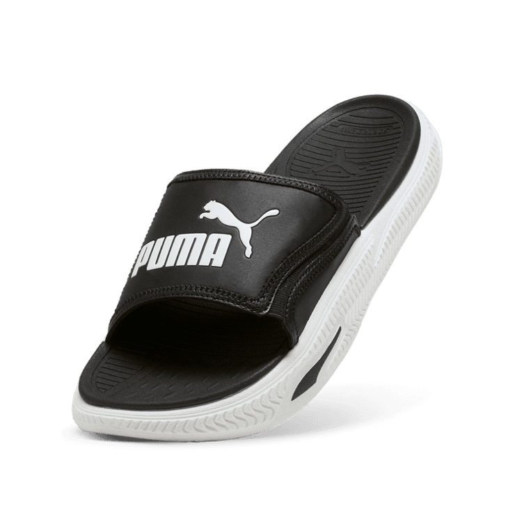 PUMA SoftridePro Slide 24 Sandals in Black/White Angle 2