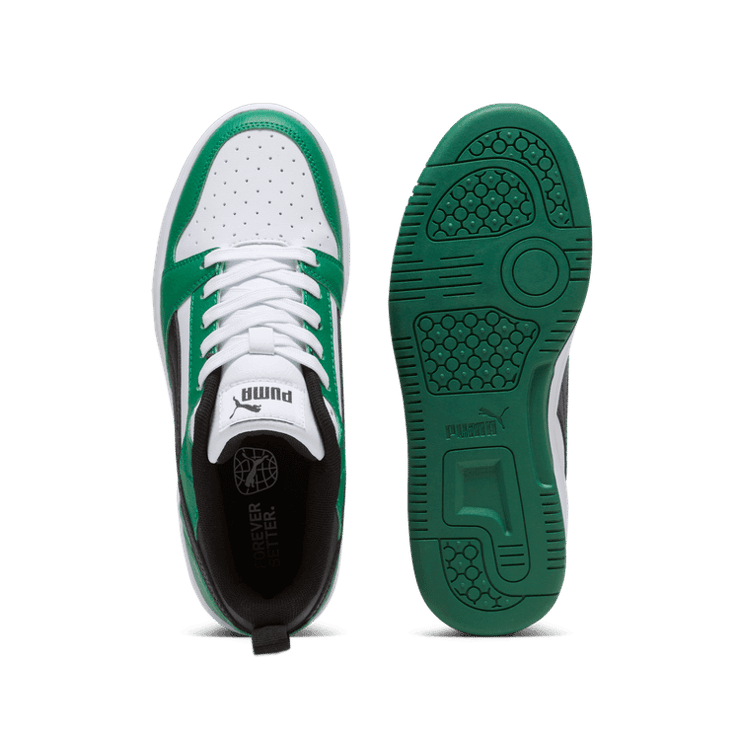 PUMA Rebound V6 Lo Sneakers in White/Black/Archive Green (GS) Angle 0