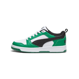 PUMA Rebound V6 Lo Sneakers in White/Black/Archive Green (GS) Angle 1