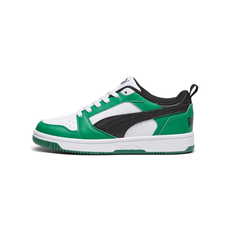 PUMA Rebound V6 Lo Sneakers in White/Black/Archive Green (GS) Angle 1