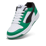 PUMA Rebound V6 Lo Sneakers in White/Black/Archive Green (GS) Angle 2