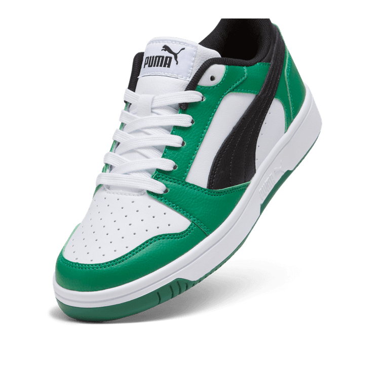PUMA Rebound V6 Lo Sneakers in White/Black/Archive Green (GS) Angle 2