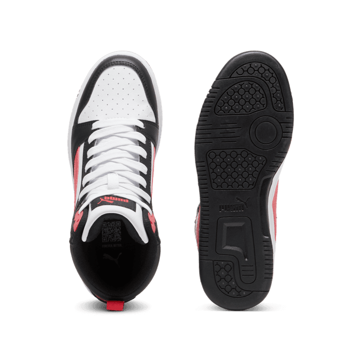 PUMA Rebound V6 Mid Sneakers in Black/Tart Cherry/White (GS) Angle 0