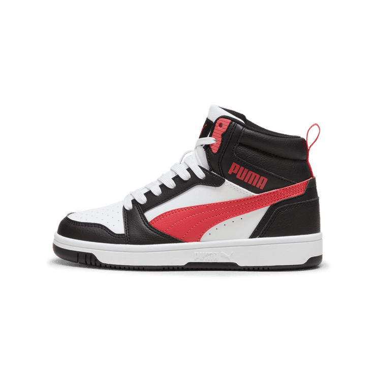 PUMA Rebound V6 Mid Sneakers in Black/Tart Cherry/White (GS) Angle 1