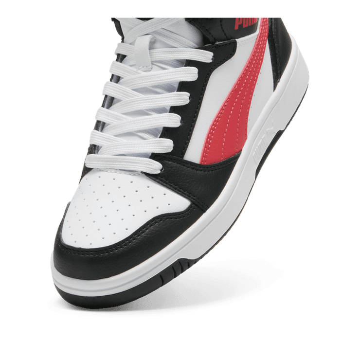PUMA Rebound V6 Mid Sneakers in Black/Tart Cherry/White (GS) Angle 2