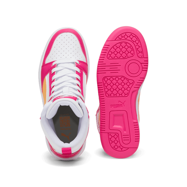 PUMA Rebound V6 Mid Sneakers in White/Clementine/Garnet Rose (GS) Angle 0