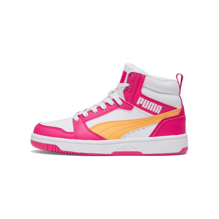 PUMA Rebound V6 Mid Sneakers in White/Clementine/Garnet Rose (GS) Angle 1
