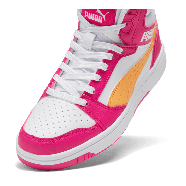 PUMA Rebound V6 Mid Sneakers in White/Clementine/Garnet Rose (GS) Angle 2
