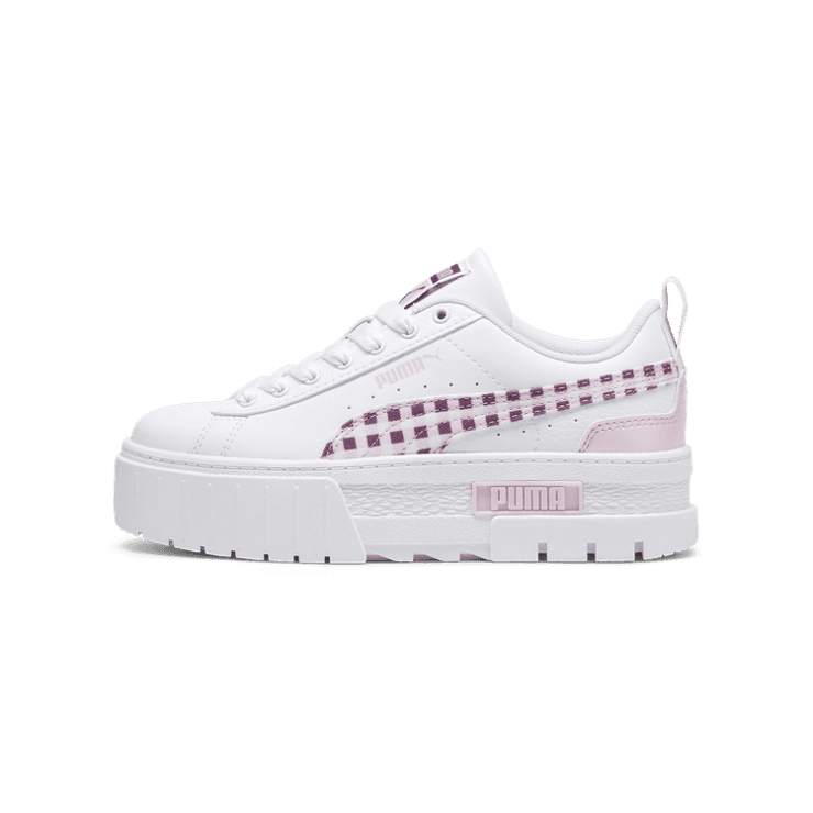 PUMA Mayze Gingham Cozy Sneakers in White/Grape Mist (GS) Angle 1