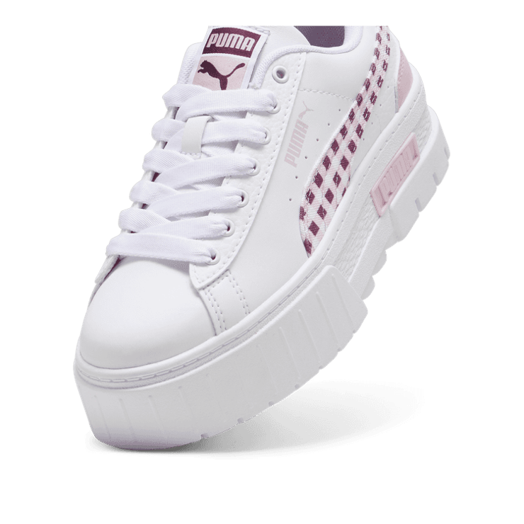 PUMA Mayze Gingham Cozy Sneakers in White/Grape Mist (GS) Angle 2