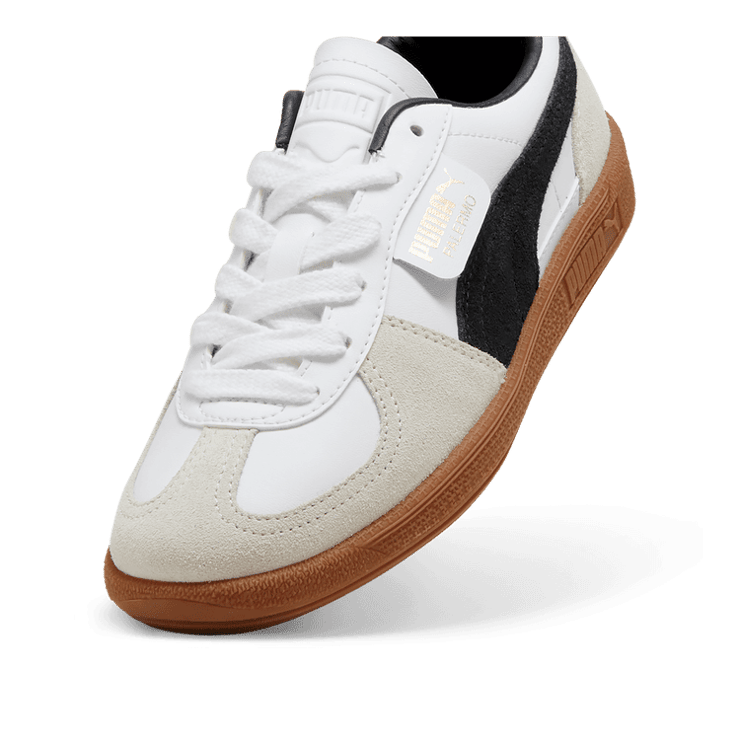 PUMA Palermo Leather Sneakers in White/Vapor Grey/Gum (GS) Angle 2
