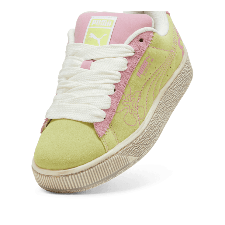 PUMA Suede XL Skater Bloom Sneakers in Lime Sheen/Mauved Out (GS) Angle 2