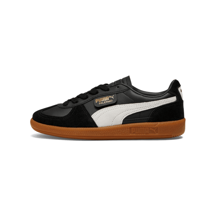 PUMA Palermo Leather Sneakers in Black/Feather Grey/Gum Angle 1