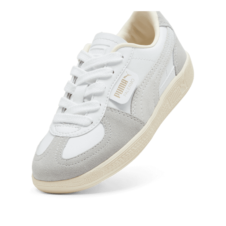 PUMA Palermo Leather Sneakers in White/Cool Light Grey/Sugared Almond (PS) Angle 2