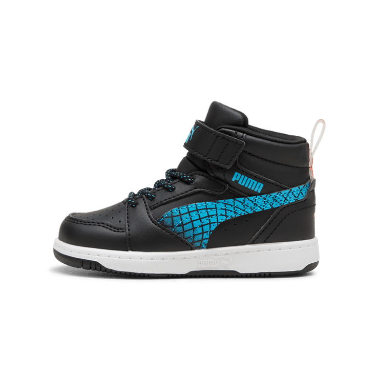 PUMA Rebound V6 Mid Sneakers s in Black/Flame Flicker/White (TD) Angle 0