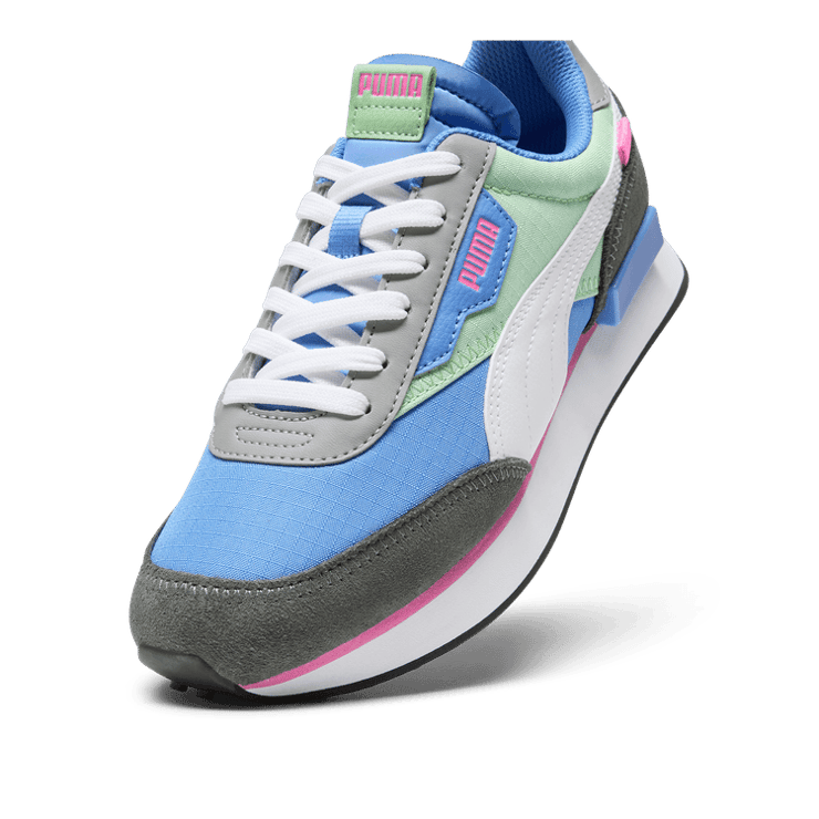 PUMA Future Rider Play On Sneakers in Blue Skies/Pure Green Angle 2