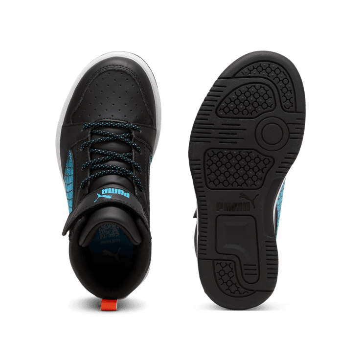 PUMA Rebound V6 Mid Sneakers in Black/Flame Flicker/White (GS) Angle 0