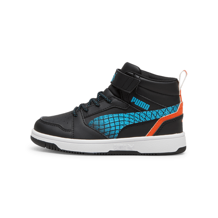 PUMA Rebound V6 Mid Sneakers in Black/Flame Flicker/White (GS) Angle 1