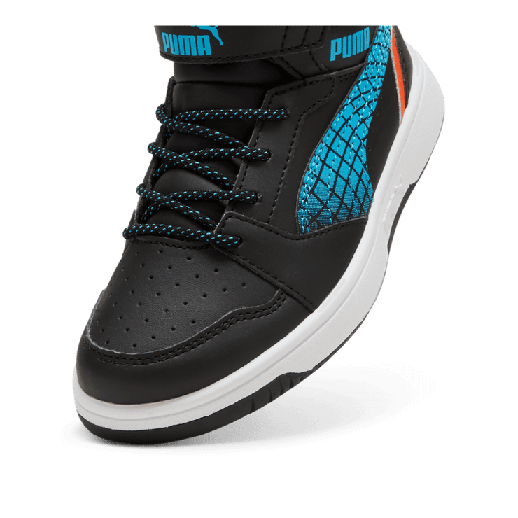 PUMA Rebound V6 Mid Sneakers in Black/Flame Flicker/White (GS) Angle 2