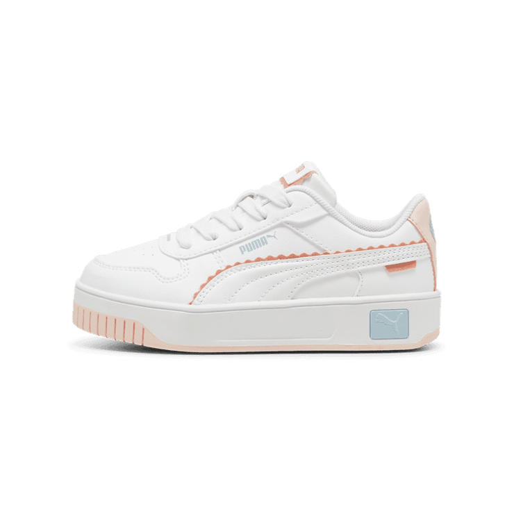PUMA Carina Street Off Side Sneakers in White/Island Pink/Frosted Dew (GS) Angle 1
