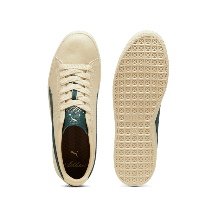 PUMA Clyde Players Lane Sneakers in Creamy Vanilla/Dark Myrtle Angle 0