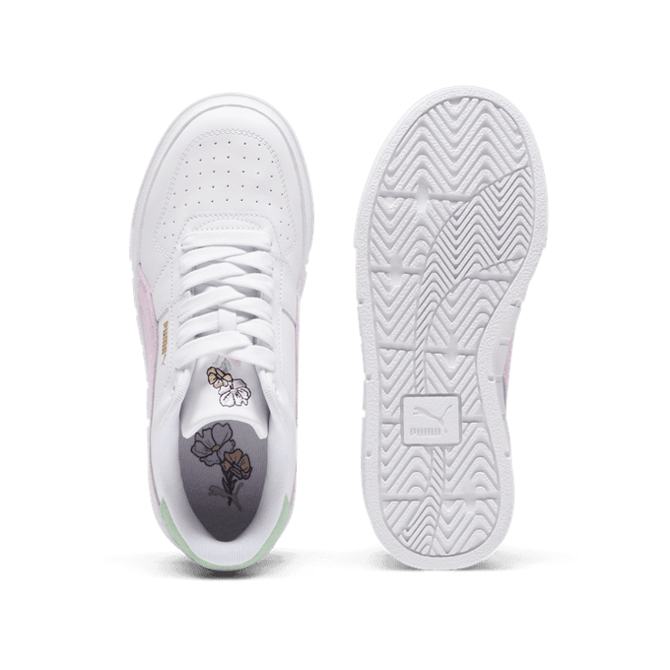 PUMA Cali Court New Bloom Sneakers in White/Grape Mist/Pure Green Angle 0