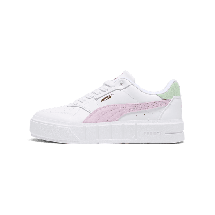 PUMA Cali Court New Bloom Sneakers in White/Grape Mist/Pure Green Angle 1