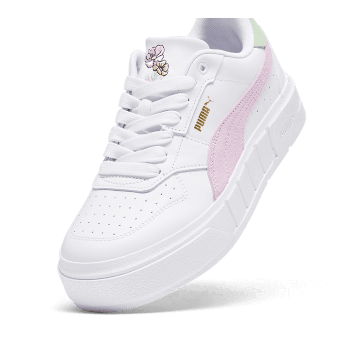 PUMA Cali Court New Bloom Sneakers in White/Grape Mist/Pure Green Angle 2