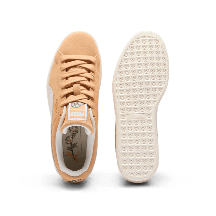PUMA Suede New Bloom Sneakers in Peach Fizz/Warm White/Team Gold Angle 0