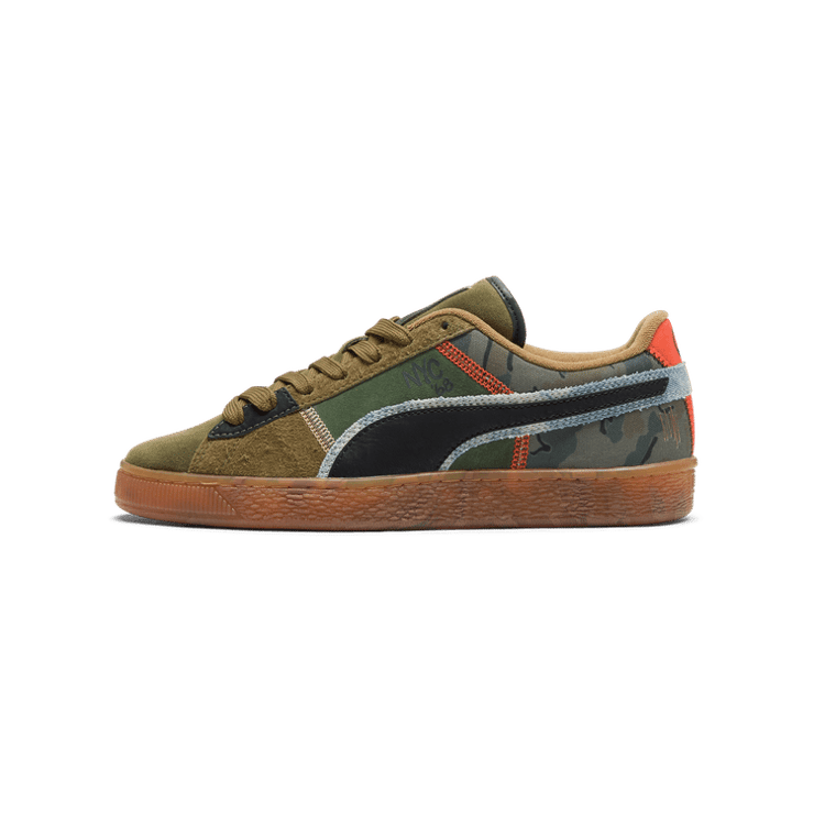 PUMA Suede Peace And Love Flagship Sneakers in Olive Drab/Black/Redmazing Angle 1