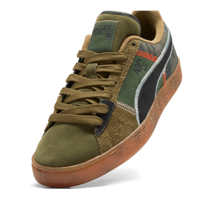 PUMA Suede Peace And Love Flagship Sneakers in Olive Drab/Black/Redmazing Angle 2