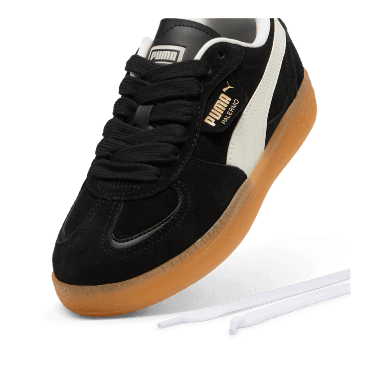 PUMA Palermo Moda Xtra Gum Sneakers Women in Black/Frosted Ivory/Gold Angle 2