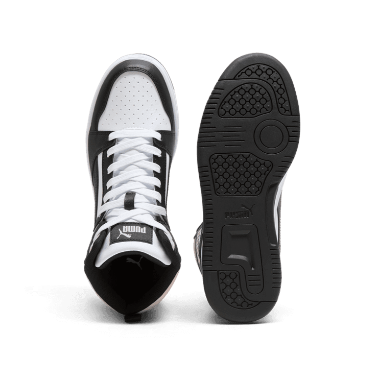 PUMA Rebound V6 Mid Sneakers in White/Black/Mauve Mist Angle 0
