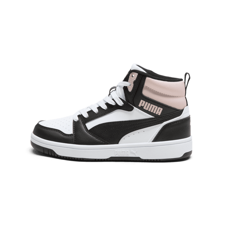 PUMA Rebound V6 Mid Sneakers in White/Black/Mauve Mist Angle 1