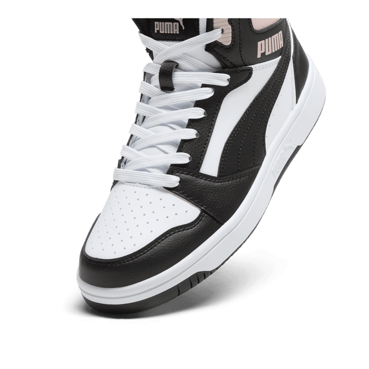 PUMA Rebound V6 Mid Sneakers in White/Black/Mauve Mist Angle 2