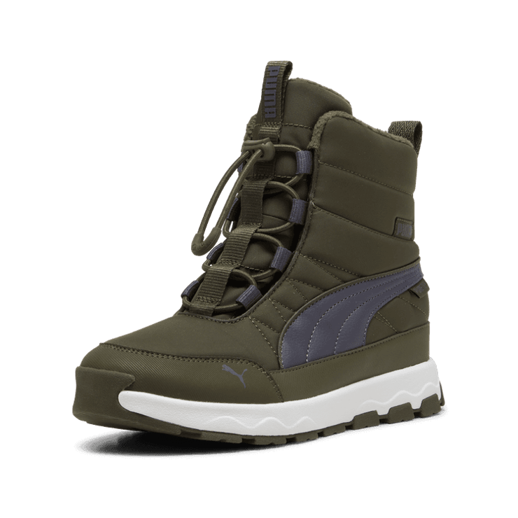 PUMA Evolve Puretex Boots in Dark Olive/Galactic Grey/White (GS) Angle 2