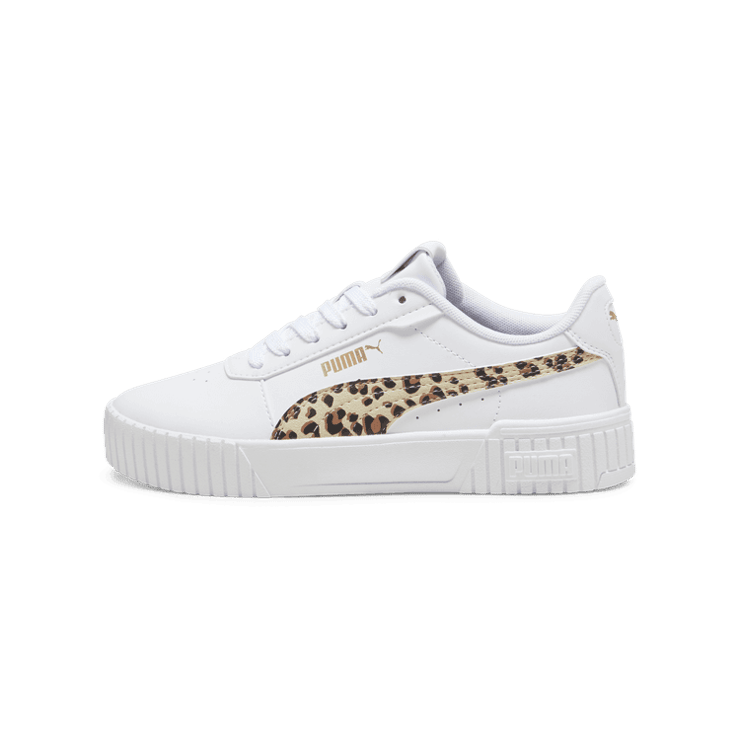 PUMA Carina 2.0 Animal Sneakers in White/Putty/Gold (GS) Angle 1